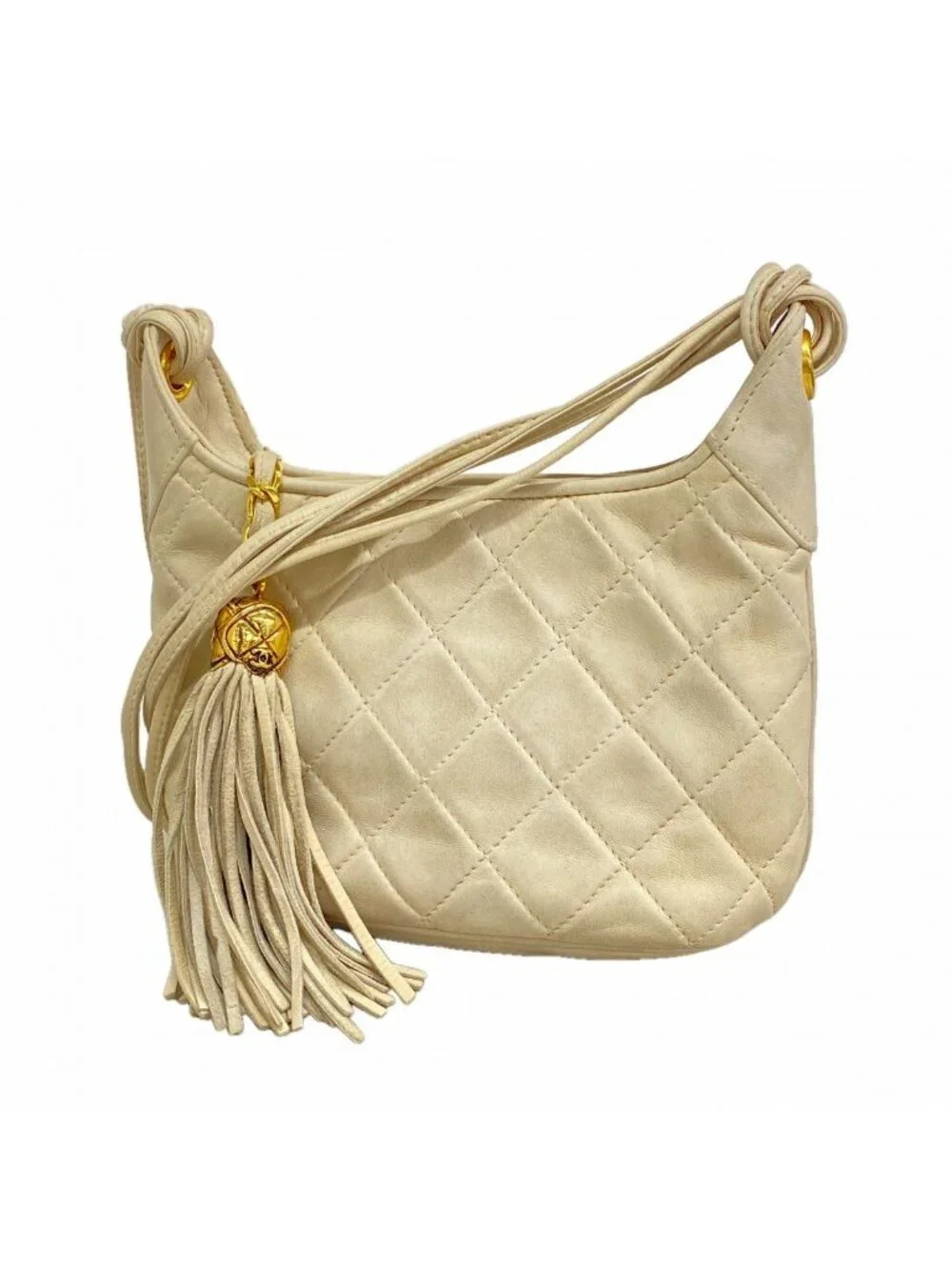 Chanel Shoulder Bag Quilted Lambskin White Gold